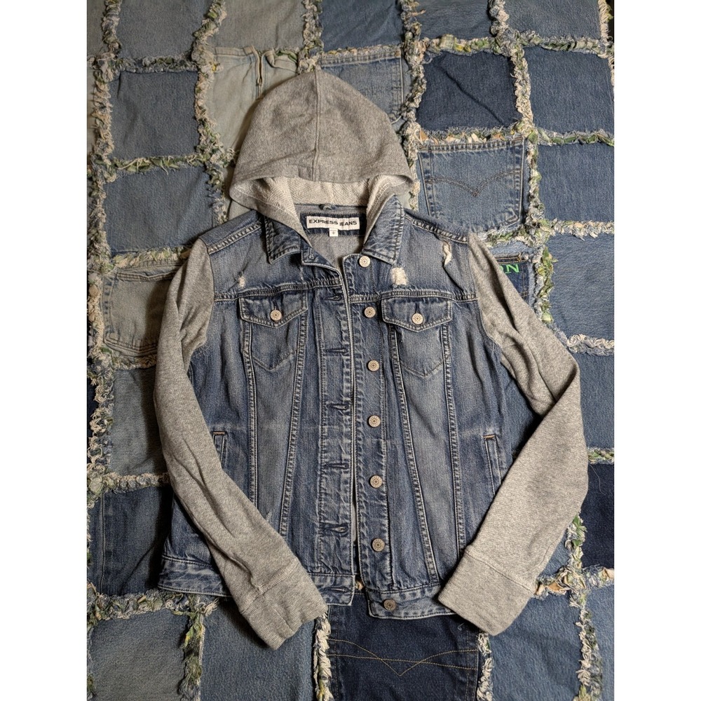 Express Jeans Denim Jacket Hoodie Womens Medium Blue Trucker Distressed Biker - Picture 1 of 6